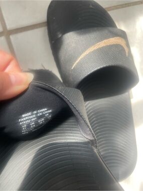Nike Boy’s Black Slide Sandals with Metallic Gold Swoosh